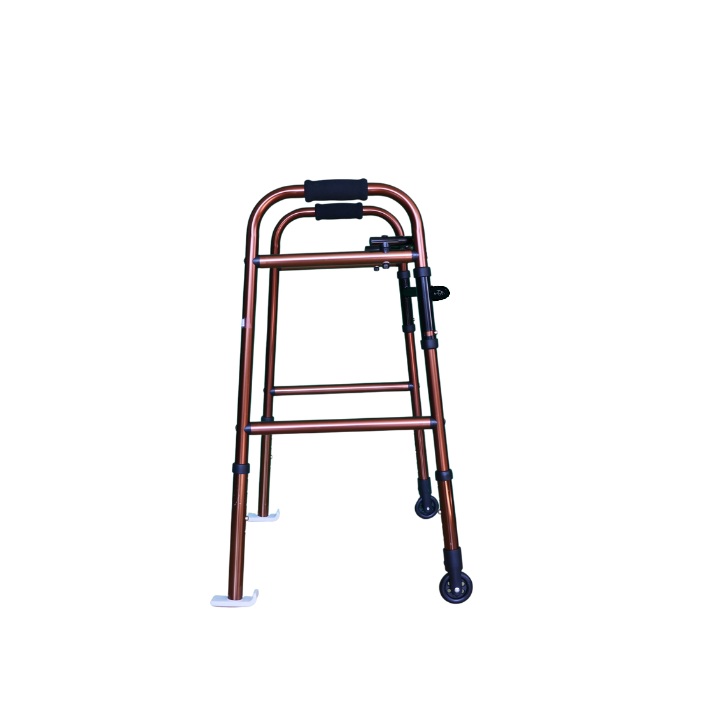 Walking frame rental with small unidirectional wheels and skis