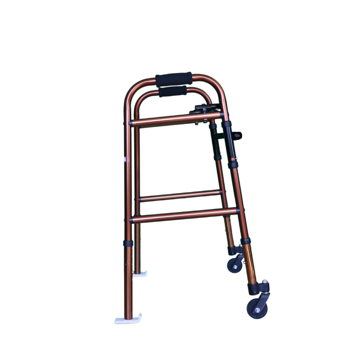 Walking frame hire with small swivel wheels and skis