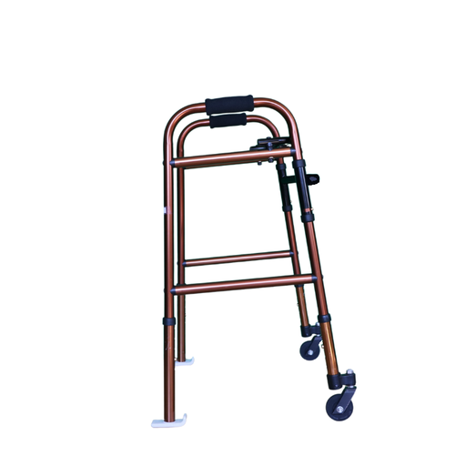 Walking frame hire with small swivel wheels and skis